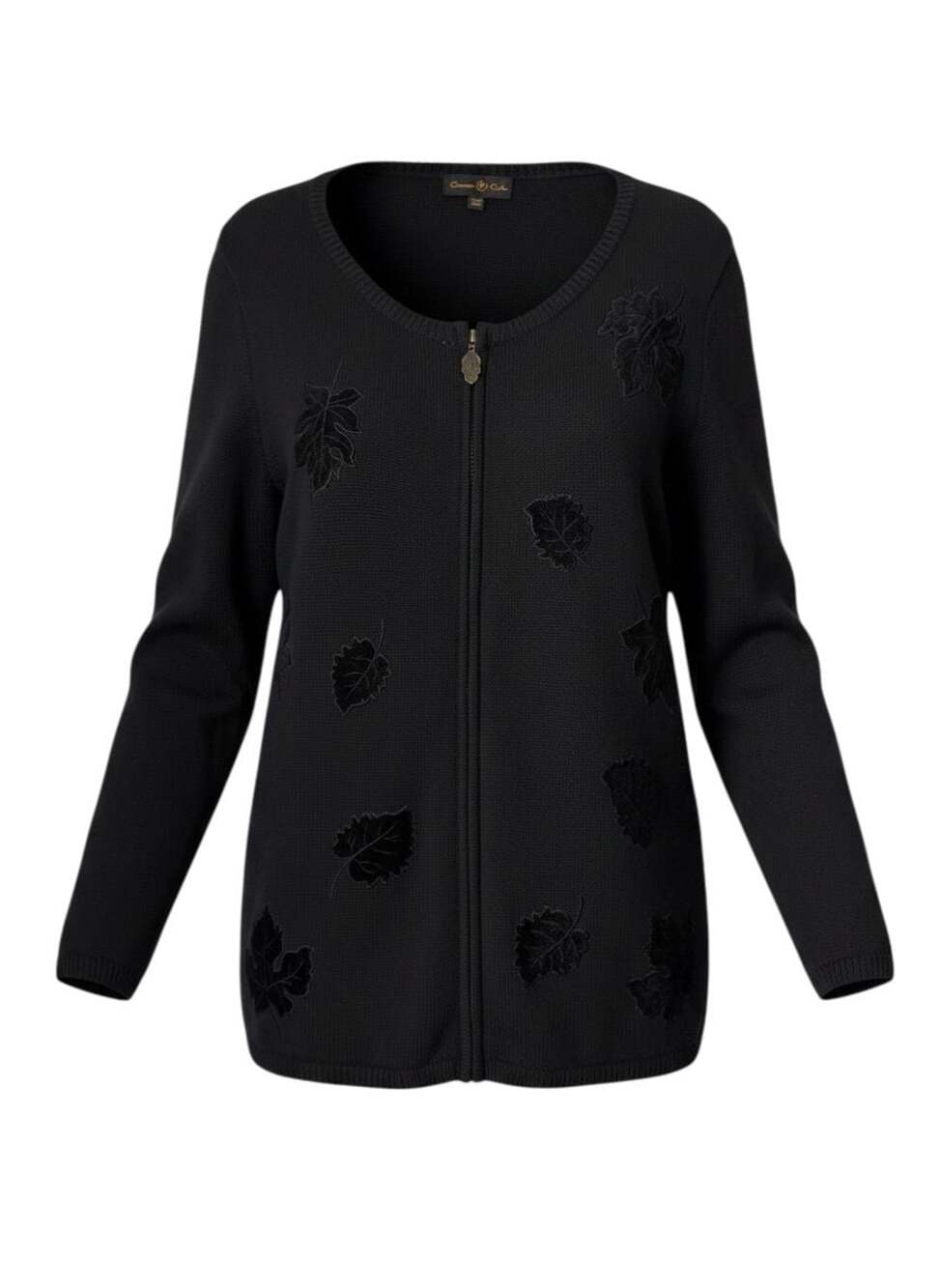 Cinnamon & Cinder Black Knit Cardigan with Leaf Appliqués, Size XXL